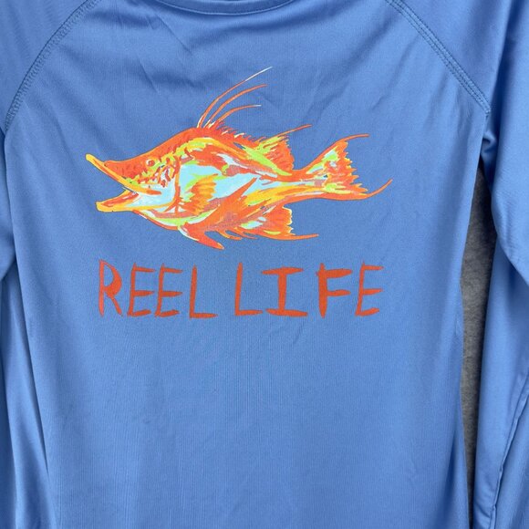 Reel Life T-Shirt Adults M Blue Long Sleeve Orange Fish Graphic - Picture 3 of 9